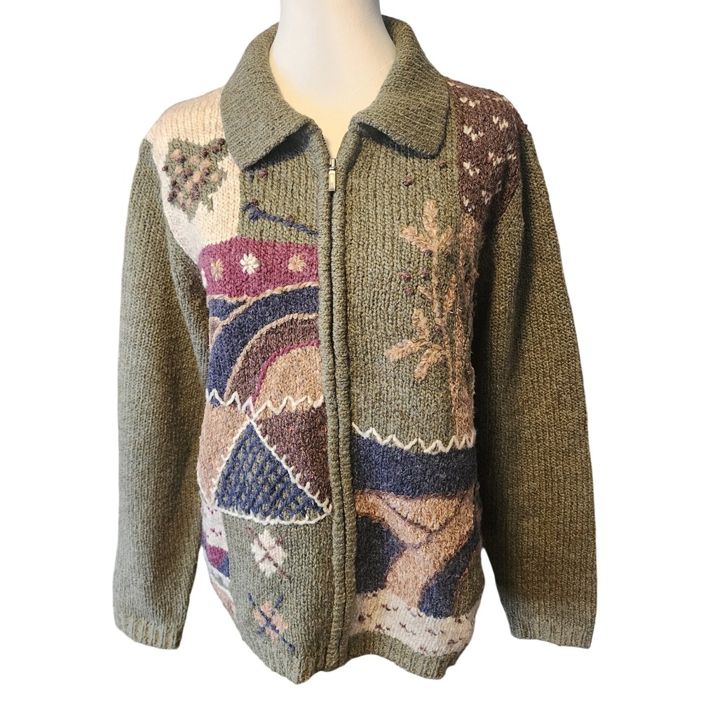 Vintage Croft & Barrow  Patchwork Embroidered Full Zip Cardigan Sweater Size L